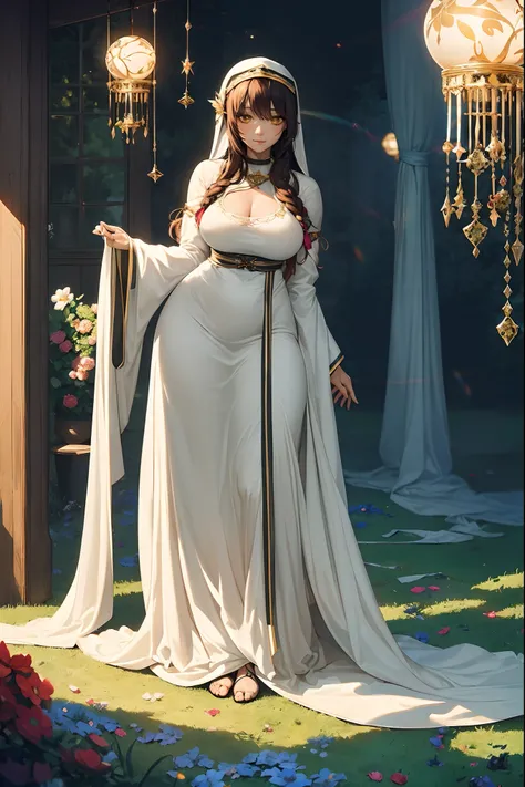 makima,A girl wearing a black robe with blue stars symbolism stands in a whimsical garden. She is surrounded by vibrant flowers and lush greenery. The girls eyes are beautifully detailed, reflecting a sense of mystery. Her lips are also beautifully detaile...