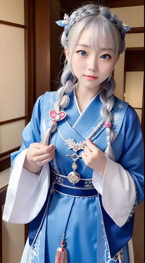 Japan girl is very cute。I have blue eyes、Wearing flashy national costumes、Silver-haired braid、Wearing a lot of ornaments、Royal Girl、