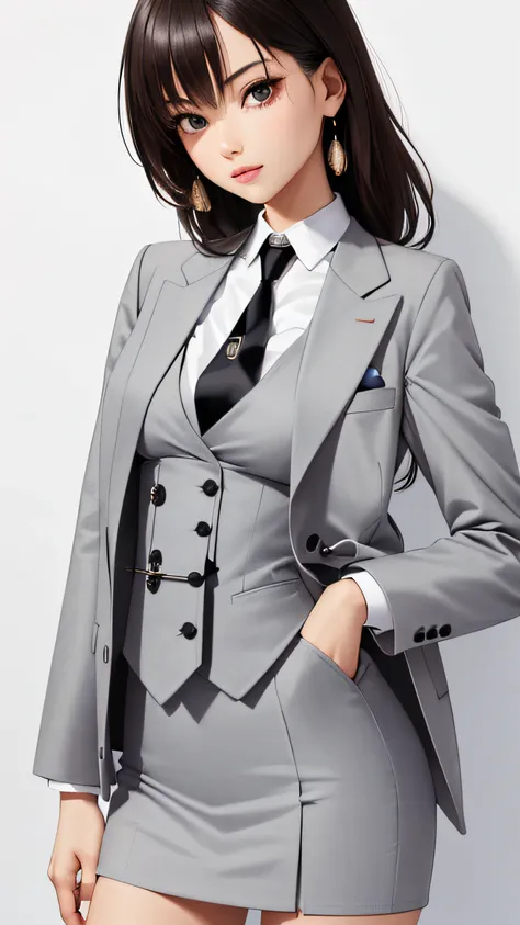 masterpiece, best quality, simple background, detailed beautiful face,
mariarosedress, 1girl, solo, looking at viewer, upper body, light grey skirt suit, (((three-piece suit))), (((necktie))), blazer, (((suit jacket))), (((waistcoat))), double-breasted wai...