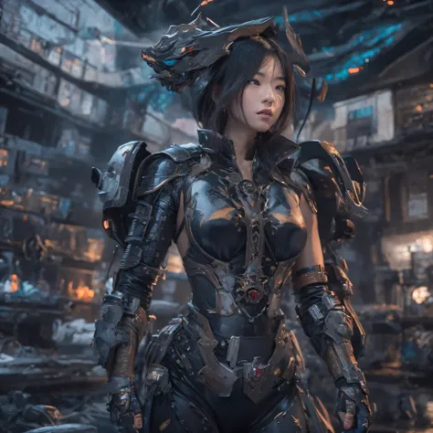 mecha female cg giant secret realm，asian woman poses in colorful futuristic matte armor, realistic secret mech girl rendering, d...