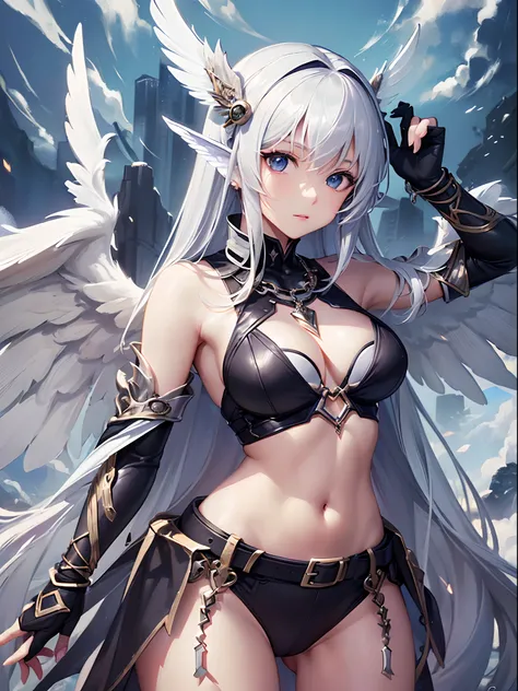 ((Finest quality)),(超A high resolution),(ultra-detailliert),((Best Anime)),sharpnes,Clair,Art with astounding depictions, (1人の女性,One-winged angel:1.5),Piece wings:1.5,Belts that tighten the body,Long chains