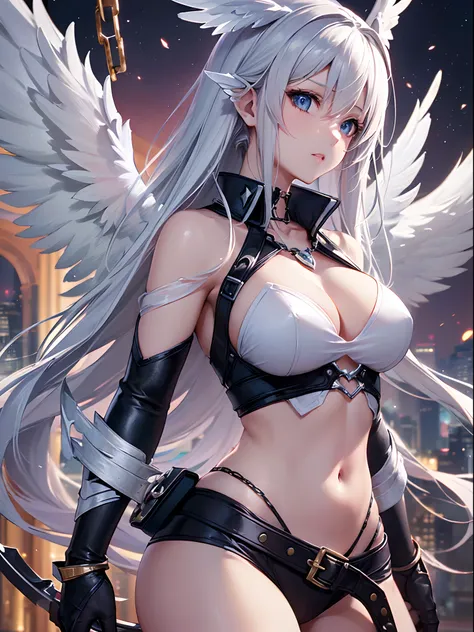 ((Finest quality)),(超A high resolution),(ultra-detailliert),((Best Anime)),sharpnes,Clair,Art with astounding depictions, (1人の女性,One-winged angel:1.5),Piece wings:1.5,Belts that tighten the body,Long chains