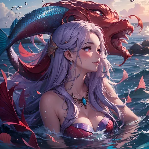 (Masterpiece, Highest quality)), Detailed face, ， full bodyesbian, Full of details, Multiple poses and expressions, Highly detailed, Depth, Many parts，Beautiful mermaid girl，Human fishtail，estilo fantasia，Extremely beautiful，High Balance, Natural light, Wa...