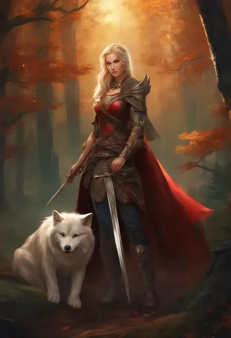 fantasy art, RPG art, Dark fantasy art, ultra wide shot, RAW, photorealistic, a picture of female human ranger and her wolf pet, the ranger, an exquisite beautiful human woman, long blond hair, braided hair, green eyes, wearing leather armor, wearing (red ...