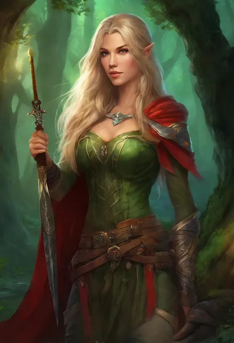 fantasy art, RPG art, Dark fantasy art, ultra wide shot, RAW, photorealistic, a picture of female human ranger and her wolf pet, the ranger, an exquisite beautiful human woman, long blond hair, braided hair, green eyes, wearing leather armor, wearing (red ...