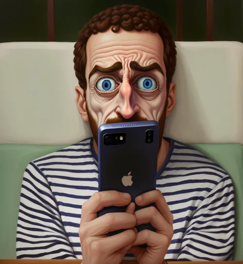 Homem com um olhar surpreso no rosto olhando para o telefone, olhando para o telefone dele, olhar horrorizado em seus olhos, Alex Grosso, technological anguish, pintura digital dos desenhos animados, Enormes olhos surpresos, desenhos animados realistas, ho...