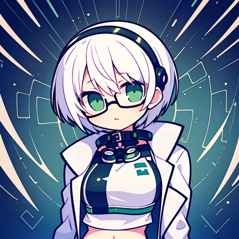 (masterpiece), best quality, expressive eyes, perfect face, 1girl, short hair, white hair, white cropped jacket, mechanical jacket, green eyes, midriff, goggles, lazy, half lidded eyes, cybernetics, jeans, nerd