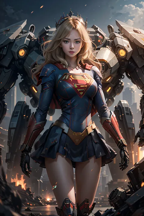 ((Best Quality)), ((Supergirls Masterpiece)), (Very Detailed: 1.3), 3D, Shitu-mecha, Beautiful cyberpunk woman wearing crown with her ruined mecha of a forgotten war city, long blonde hair, blue eyes, superman S symbol on chest, sci-fi technology, HDR (Hig...