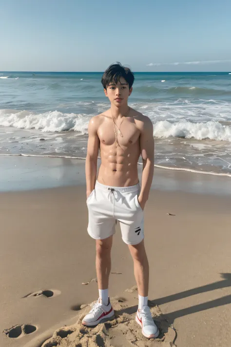 A 16 year old boy on the beach,Naked upper body, Wearing gym shorts, whitestocking, Wear sneakers, stand on sand,Wearing sweat, There are abs, junior school student, Differential crushing cap, rough breath, Black hair, Messy hair, High nasal bridge bones，l...