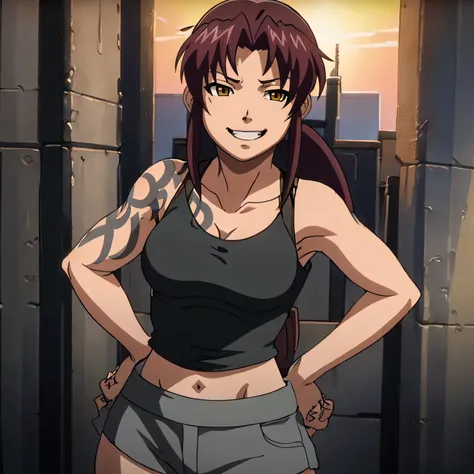 masterpiece,high quality,solo,outdoors, smirk,open mouth,hands on the hips, revy,1woman, long hair,ponytail,brown hair,yellow eyes,tattoo,shoulder tattoo,arm tattoo, collarbone,cleavage,breasts,bare shoulders,black tank top,shoulder holster, midriff,, brea...