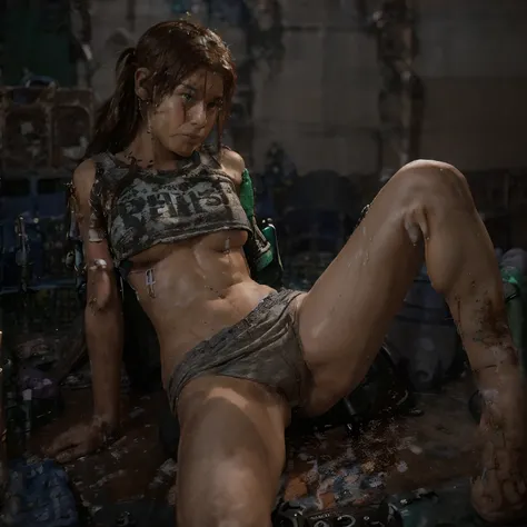 Slum scene (1:3), Resident Evil, Best Quality, Full Body (1:1), Exquisite Face, 18 years old girl, slim body, big bust,  no underwear, looming,  trash on the floor (10:1), greasy (5:1), sweaty (8:2).