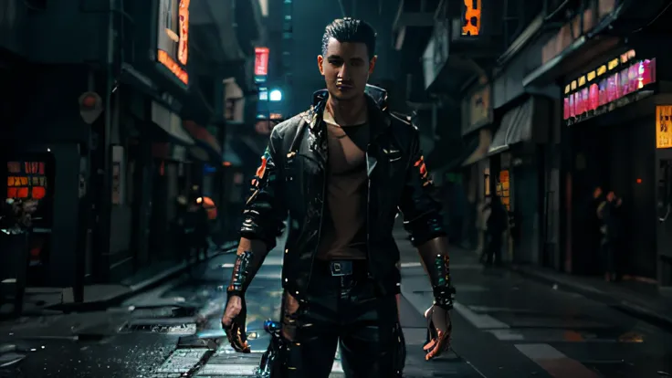 man, full body, Cyberpunk, anime style, 16k resolution concept art, highly detailed face, highly detailed eyes, intricately detailed Splash art, dynamic lighting, cinematic, 2D shading, perfect, smooth, Deep Color, Natural Lighting, Beautiful Composition