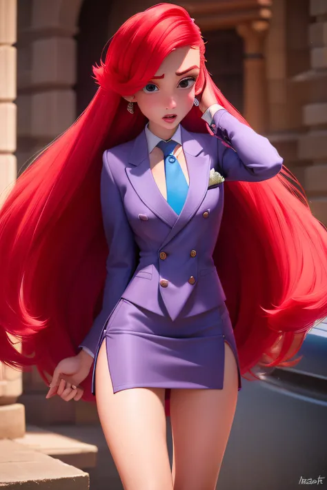 xyzariel, 1girl, full body, hyperrealism, hyper realistic color photo, realistic photography ((hnsrdlf style)), skirt suit, (((three-piece suit))), (((necktie))), blazer, (((suit jacket))), (((waistcoat))), double-breasted waistcoat, bodycon miniskirt, pen...