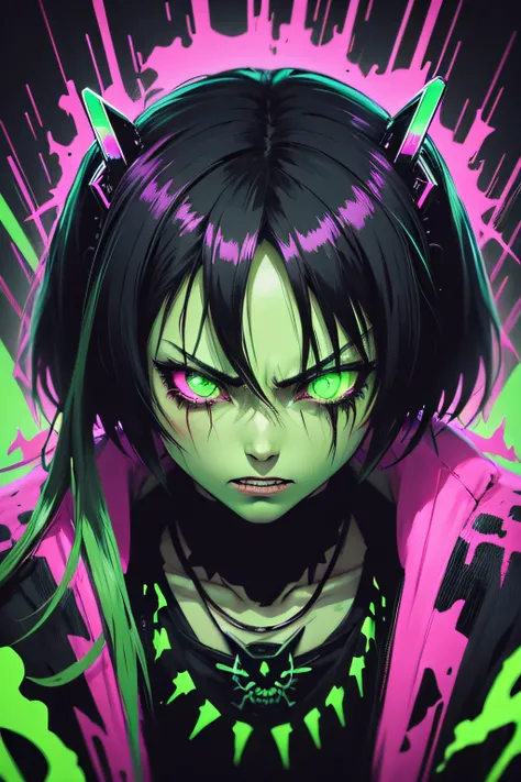 anime phonk angry horror album cover with neon green colors