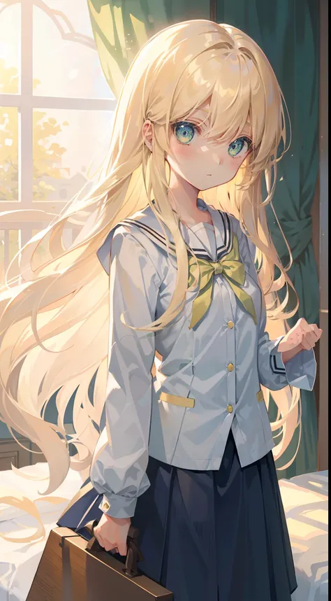 1 girl in、Light blonde hair、Long hairs、Hair curls a little、Hair swaying in the wind、Light green eyes、Delicate eyes、Neat and delicate face、a beauty girl、(Dormitory dormitory uniforms:1.3)、(Warped Wonderland)、Cute Baby Turtle、Night Raven Academy background，J...