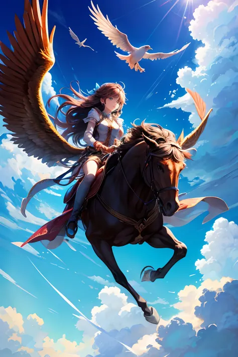 A maiden rides on a phoenix, Flying, Clouds, blue-sky, Glare.