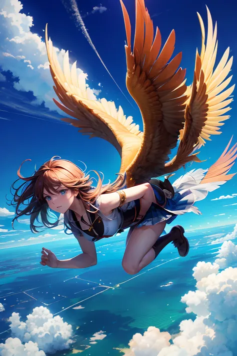 A maiden rides on a phoenix, Flying, Clouds, blue-sky, Glare.