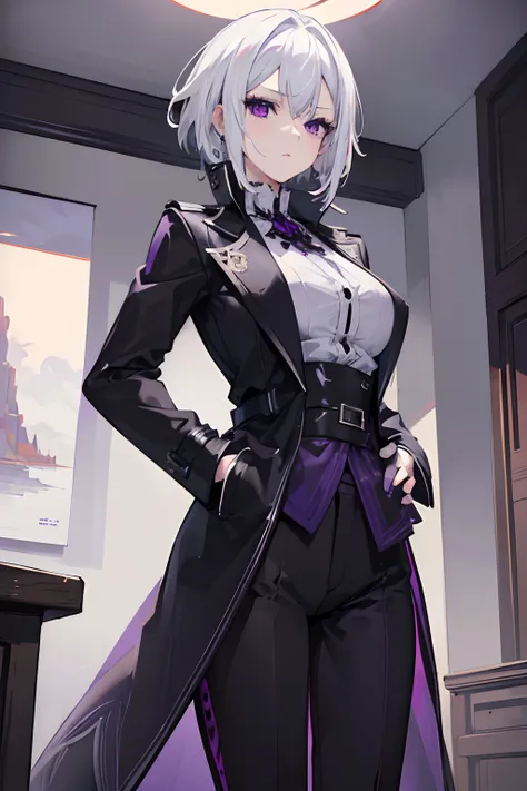 (masterpiece, best quality:1.2), illustration, 8k, hd, 1girl, solo, (((white hair, purple eyes, black coat))), large breasts, bl...