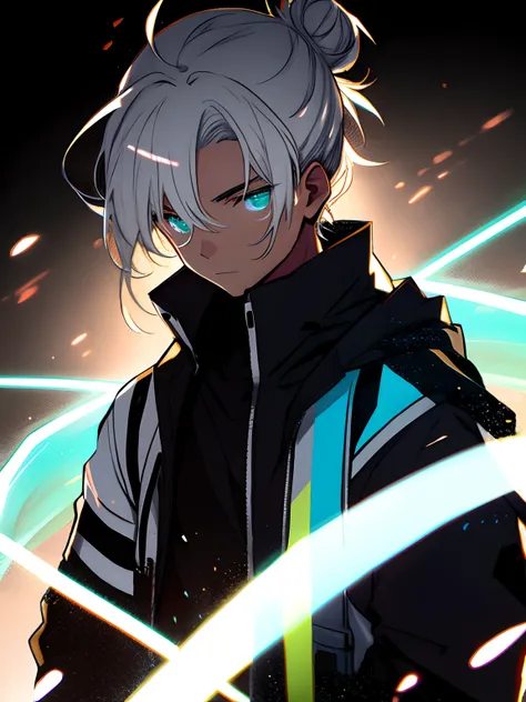 A boy with long white hair tied in bun determines, glow effect, hyperdetailed