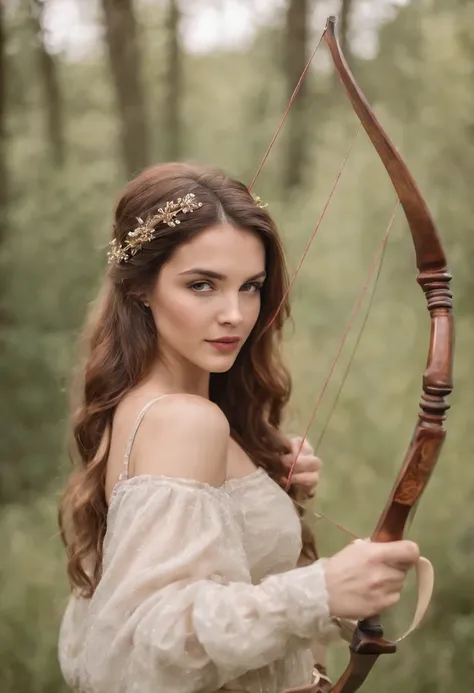 astrology, Sagittarius zodiac sign, Zodiac Sign Sagittarius Woman, humanizing the zodiac sign Sagittarius, Woman with a bow in her hands, detailed photo, higly detailed, Photo to the waist, Fair complexion, A woman of about 25 years old