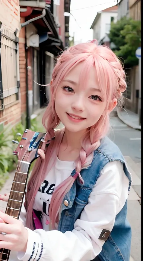 (masutepiece), cute little, (sixteen years old:1.4), Solo, 1 woman, (Charming punk girl), Blue eyes,faces、(A smile:1.5),Playing guitar, (Front face),  (Leather jackets and tattoos), (Band T-shirt), (Ripped jeans), ((Urban alley background)), (up close shot...