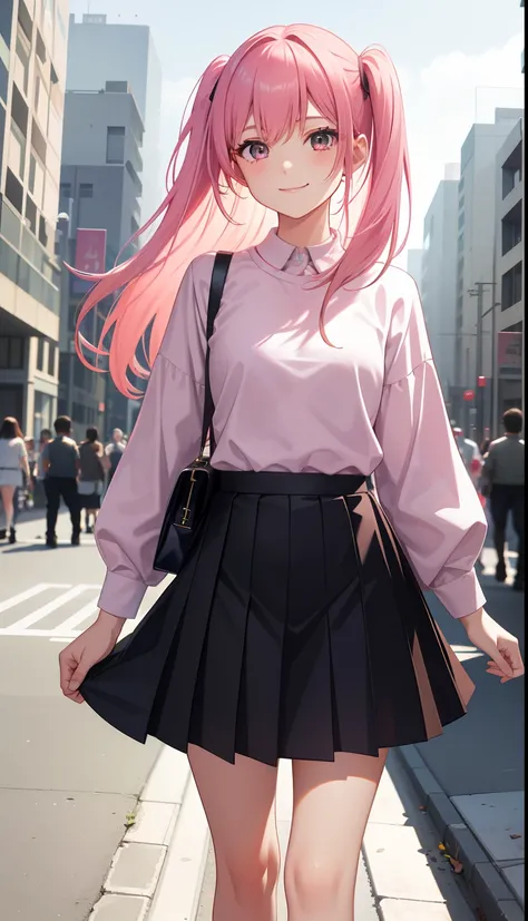 1girl in、AS-Adult、A smile、The shirt、skirt by the, pink hair,（small tits）、Walking with a thigh、Upper body portrait、