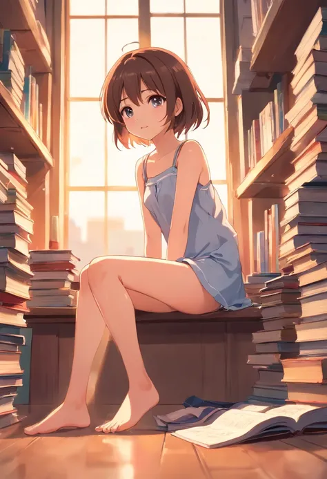 a cute loli，Barefoot，Tummy down，Look up at your head，raise her legs，shift dresses，white  panties，largeeyes，Cute faces in anime，looking at book，Wet