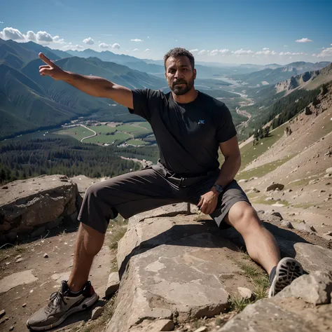 45 year old adult stoic man reaching the top of a mountain