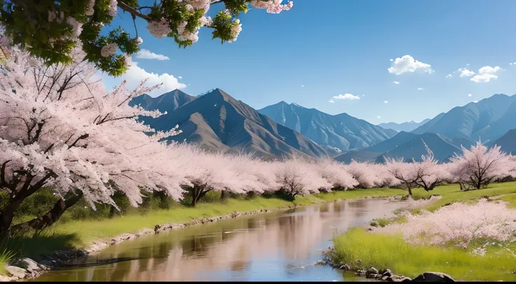 Paint a picture of peach blossoms，Peach blossoms occupy 80 of the picture%.There are waterholes, mountains and sunshine