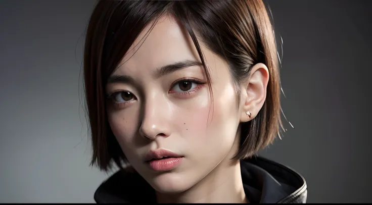 kugisaki nobara, beautiful, short hair, upper body, black clothes, Kugisaki nobara from jujutsu kaisen, short hair,1 girl, perfect body, realistic, extremely detailed face, brown hairs