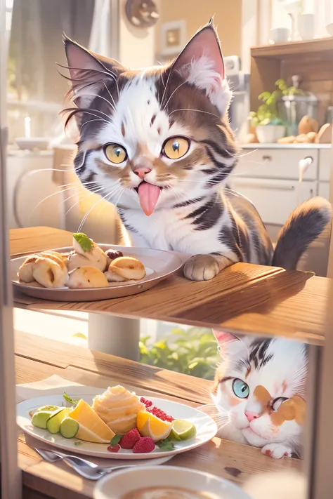 A cute cat with round eyes is happy, sitting in front of a dinning table, Fruit on the table, Fry the fish, lewd juice, latte.