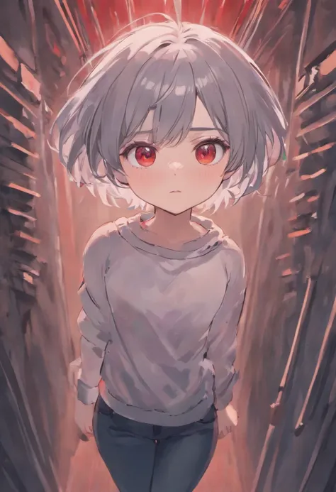 Boyish girl with short cut gray hair。White skin with red eyes。A little gut sticks out of itself artistically.。