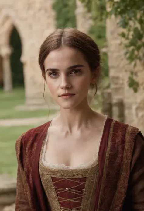 Emma Watson, Delgado y elegante, Beautiful, Luz de velas en un entorno medieval, Ultra Sharp Focus, Toma realista, Ropa femenina medieval, Tetradic colors (cicatriz:1.4)