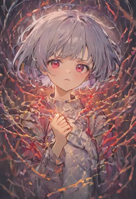 Boyish girl with short cut gray hair。White skin with red eyes。Organs such as the brain and intestines are artistically protruding from themselves