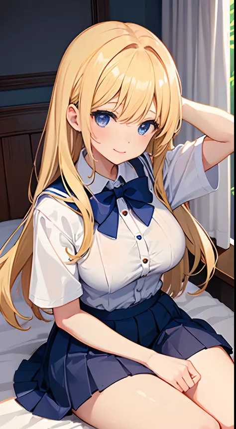 1 girl in、Cute beautiful girl、((Girl student uniform))、((Summer clothing))、The blouse is unbuttoned、White color blouse、short- sleeved、lightly dressed、Thin cloth clothes、Navy ultra mini skirt、(((show off pubic area)))、((Colossal tits))、seductiv、Little godde...