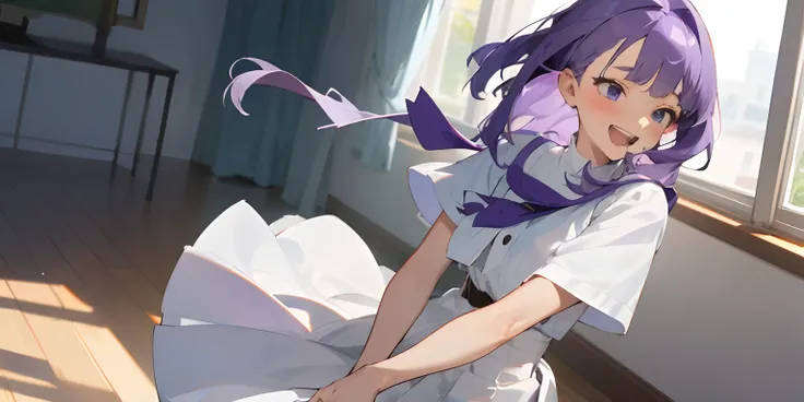 (masterpiece, best quality),Girl with purple hair，Gentle laugh，white  skirt