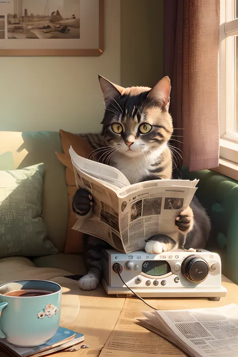 A cute cat with round eyes sitting on a sofa reading a newspaper,  There is a radio on the desk, Sunlight outside the window