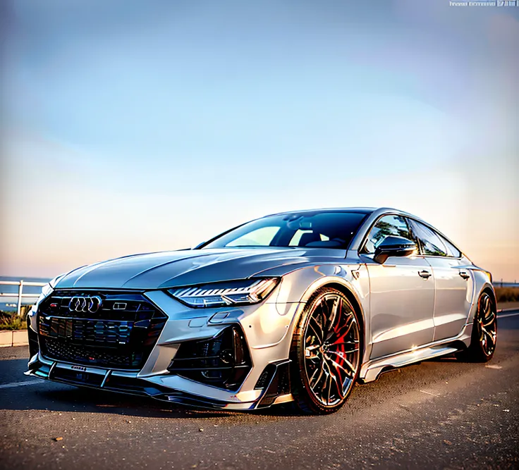 Close-up of the new Audi rs7 silver car with red rims on a white background, Wide body, s line, front angle, carbon, octa 8k, front of car angle, full face view, front profile shot, facing front, full device, front profile, on clear background, flex, full ...