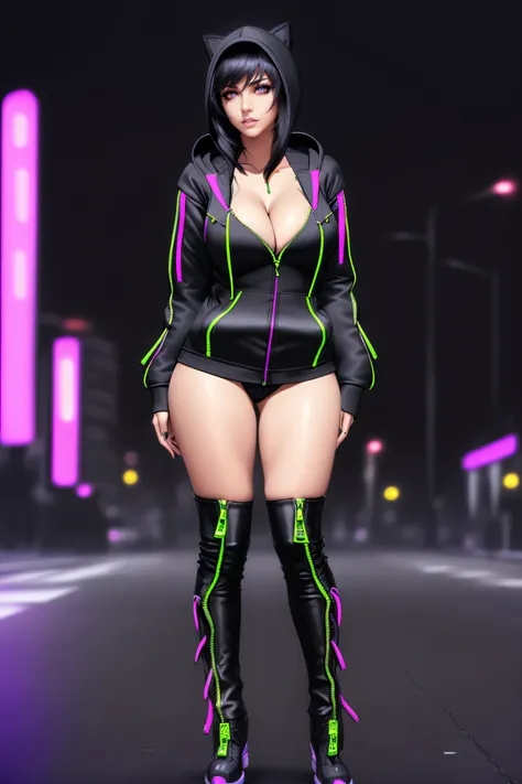 beautiful girl, ((standing:1.4)), (confident gaze:1.1), full body, short bright neon streaked black hair, ((realistic highly detailed eyes:1.4)), ((seductive pose:1.2)), black eyeshadow, (street style wear:1.2), ((hoodie open zip:1.4)), ((cleavage:1.4)),((...