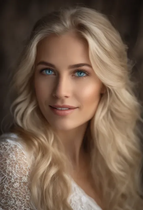 Pretty feminine, Windblow blondes Haar, leuchtend blaue Augen, realistisch, Meisterwerk, Hohe Detailgenauigkeit, 4K, strand-hintergrund, Hohes detailliertes Licht, tiny smile, white skin naked