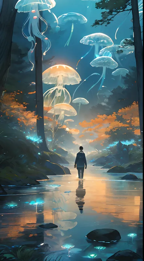 green jellyfish,(jellyfishforest:1.4), 1man, short hair, mist, woods, scenery, solo, nature, water, wading, outdoors, tree, stan...