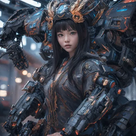 mecha female cg giant secret realm，asian woman poses in colorful futuristic matte armor, realistic secret mech girl rendering, d...