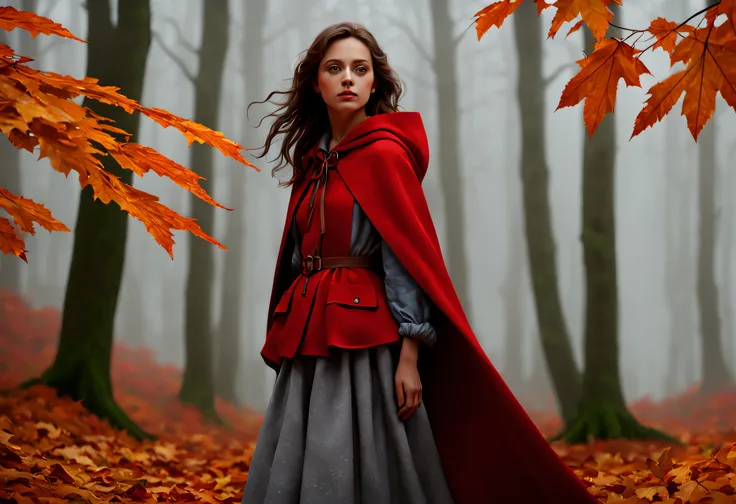 (best quality, 4k, 8k, high resolution, masterpiece: 1.2), ultra detailed (realistic, photorealistic, photorealistic: 1.37), a photorealistic depiction of a beautiful girl looking straight ahead in a misty autumn forest. Walk on a bed of fallen leaves. He ...