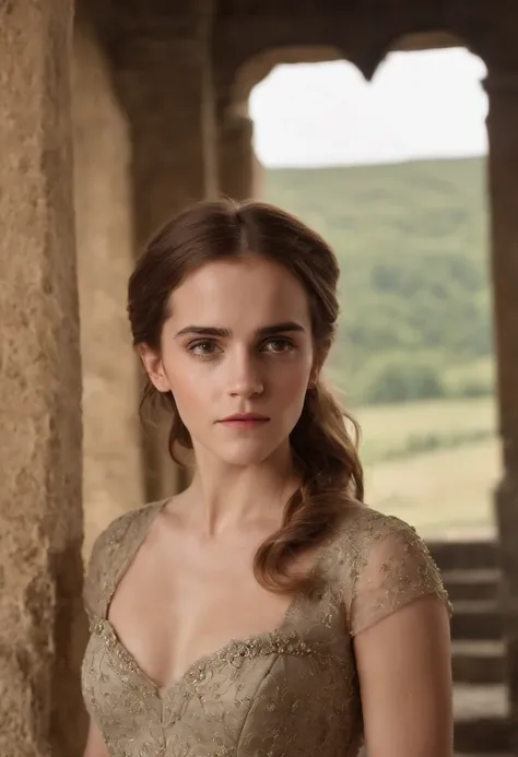 Emma Watson, Delgado y elegante, Beautiful, Luz de velas en un entorno medieval, Ultra Sharp Focus, Toma realista, Ropa femenina medieval, Tetradic colors (cicatriz:1.4)