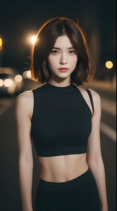 ((Realistic lighting, Best quality, 8K, Masterpiece: 1.3)), Focus: 1.2, 1girl, Perfect Beauty: 1.4, Slim Abs: 1.1, ((Dark brown hair)), (Black crop top: 1.4), (Outdoor, Night: 1.1), City streets, Super fine face, Fine eyes, Double eyelids,