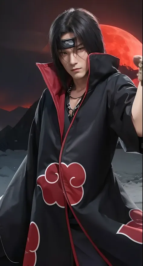 Real life adaption of this character, handsome face, villain expression, There are facial lines near his eyes,looking to viewer,realistic same hair , realistic same outfit ,(realistic same logo Akatsuki printed on his outfit), realistic red moon background...