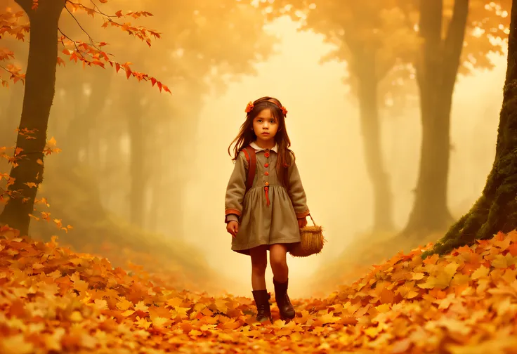 (mejor calidad, 4k, 8k, high resolusion, obra maestra: 1.2), ultra detallada (realista, fotorrealista, fotorrealista: 1.37), A photorealistic depiction of a beautiful little girl looking straight ahead shrouded in autumn forest fog. Walk on a bed of fallen...