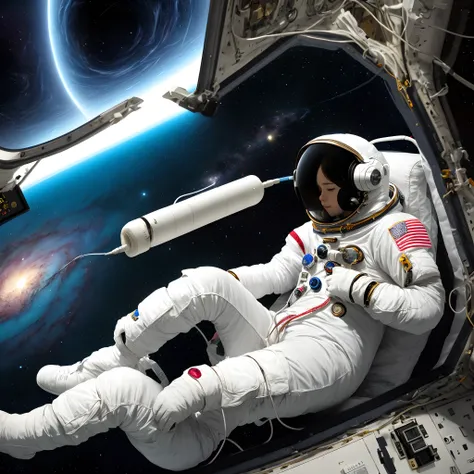 Present an image of an astronaut with headphones, listening to a rich tapestry of cosmic sounds while floating in space.