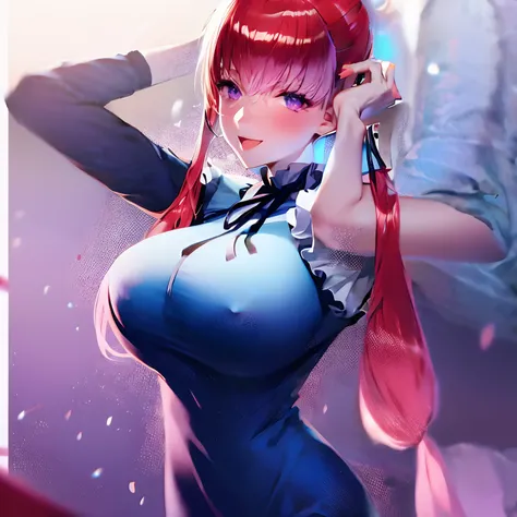 NSFW a woman with long hair and a shirt, breasts, blush, smile, open mouth, bangs, large breasts, dress, ribbon, nipple piercing, purple eyes, upper body, white hair, :d, red hair, multicolored hair, sleeveless, armpits, white dress, arms up, two-tone hair...