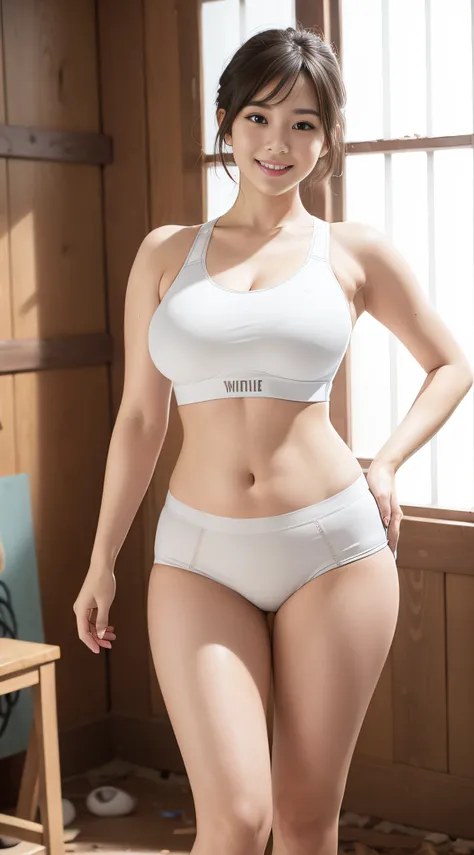 (((White Sports Bra、White sports panties)))、is standing、Standing Pose、​masterpiece、top-quality、higher rank、A MILF、bbw、hyper realstic、Being in an abandoned house、A smile、Shot in the studio